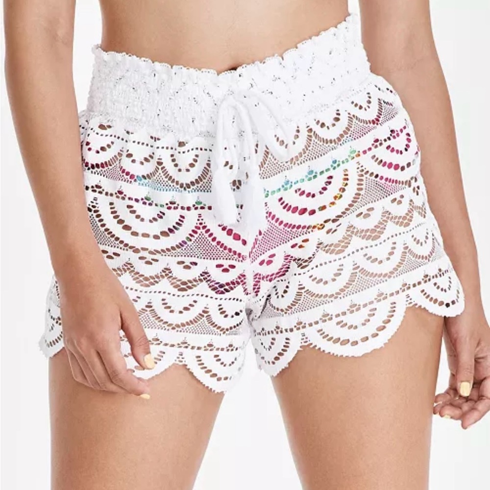 Miken Swim Juniors XL White Lace Cover Up Shorts Scalloped Hem Pull On